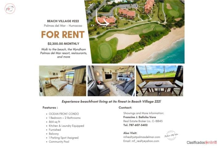Frente a la Playa! Beach Village 222, en Humacao - Palmas Puerto Rico
Apartamento en Condominio-Beach Village Palmas del mar de 1 Cuartos y 2 Baños
