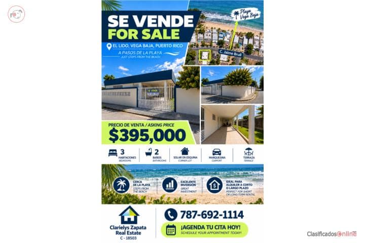 Propiedad en Venta a Pasos de la Playa ,
en Vega Baja Puerto Rico Casa en Sector - Sandin